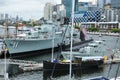 Battleship number 11 at Sydney maritime museum with cityscape background at Darling Harbour. Royalty Free Stock Photo